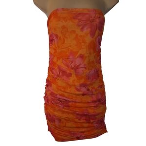 SHEIN Strapless Dress in Orange and Pink Floral